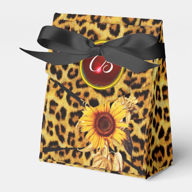 SUNFLOWER , LEOPARD FUR BOW SUMMER PARTY MONOGRAM FAVOUR BOX (Front Side)