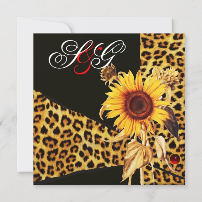 SUNFLOWER ,LEOPARD FUR RIBBON,RED RUBY GEMSTONE INVITATION (Front)