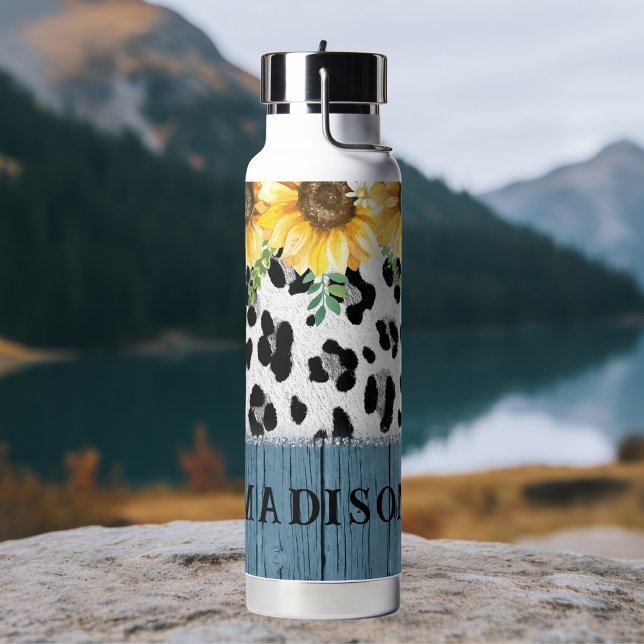 Sunflower Leopard Print Rustic Chic Name Water Bottle (Creator Uploaded)