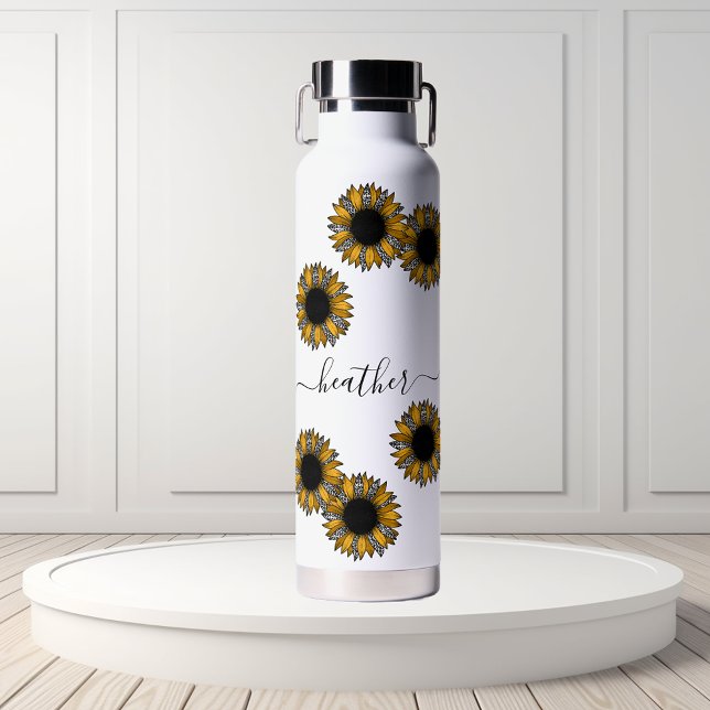 Sunflower Leopard Spot Monogram Name Personalised  Water Bottle (Creator Uploaded)