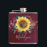 Sunflower Lights Burgundy Floral Monogram Hip Flask<br><div class="desc">This flask features a modern floral watercolor design with a sunflower,  burgundy roses,  foliage and string lights. Personalise it with a name.</div>