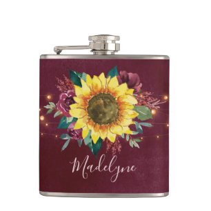 Sunflower Lights Burgundy Floral Monogram Hip Flask
