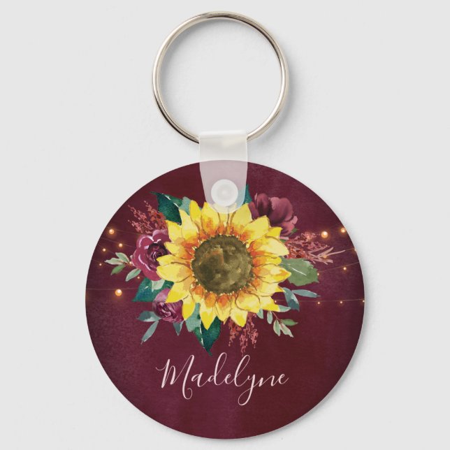 Sunflower Lights Floral Burgundy Key Ring (Front)