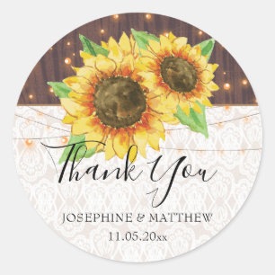 Sunflower Lights Lace Wood Wedding Thank You Classic Round Sticker
