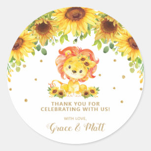 Sunflower Lion Baby Shower Thank You Gold Glitter Classic Round Sticker