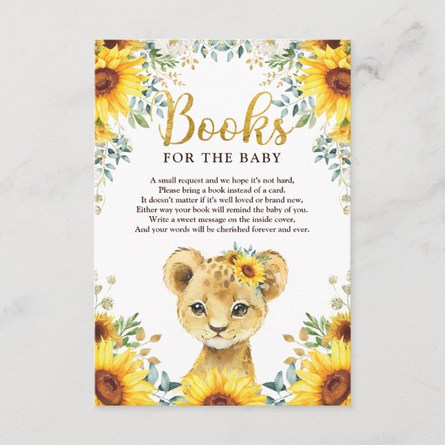Sunflower Lion Cub Baby Shower Books for Baby Enclosure Card (Front)