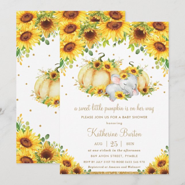 Sunflower Little Pumpkin Elephant Baby Shower Girl Invitation (Front/Back)