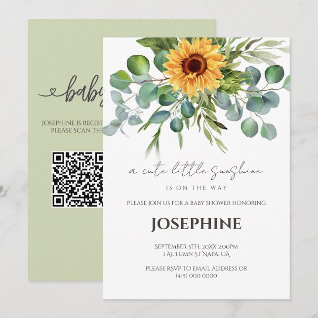 Sunflower Little Sunshine QR Registry Baby Shower  Invitation (Front/Back)