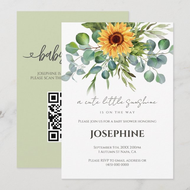 Sunflower Little Sunshine QR Registry Baby Shower  Invitation (Front/Back)