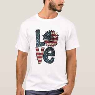 Sunflower Love American Flag Stars and Stripes T-Shirt