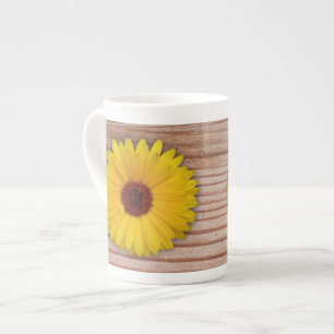 Sunflower Marigold on Rustic Wooden Boards Bone China Mug