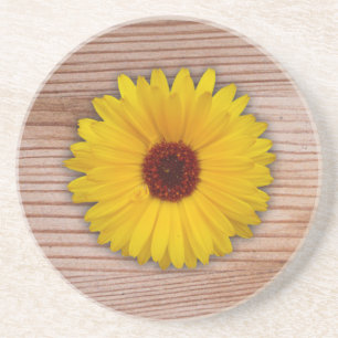 Sunflower Marigold on Rustic Wooden Boards Coaster
