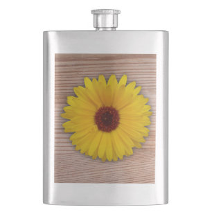 Sunflower Marigold on Rustic Wooden Boards Hip Flask