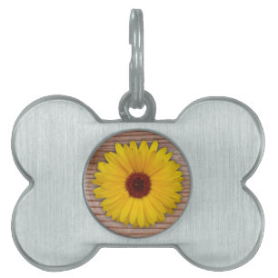 Sunflower Marigold on Rustic Wooden Boards Pet Name Tag