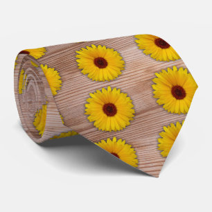 Sunflower Marigold on Rustic Wooden Boards Tie