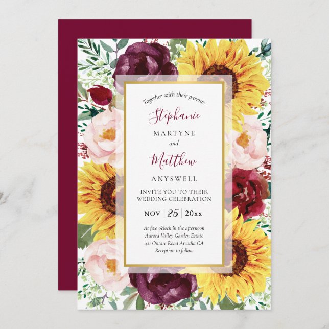 Sunflower Marsala Fall Burgundy Gold Wedding Invitation (Front/Back)