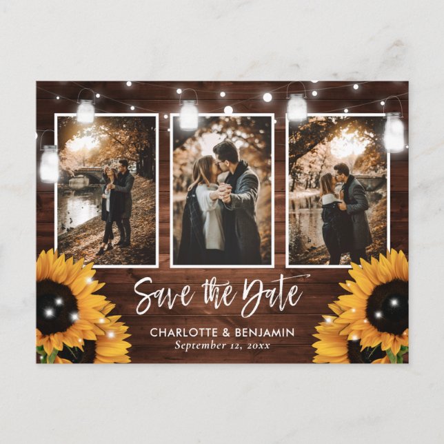Sunflower Mason Jar Barn Wood Photo Save The Date Announcement Postcard (Front)
