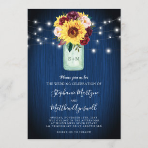 Sunflower Mason Jar Blue Wood Lights Wedding Invitation