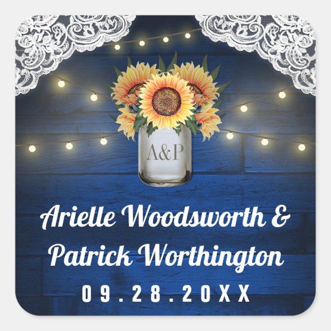 Sunflower Mason Jar Blue Wood Wedding Favour Square Sticker (Front)