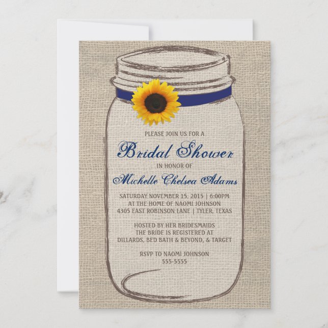 Sunflower Mason Jar Bridal Shower Invitation (Front)