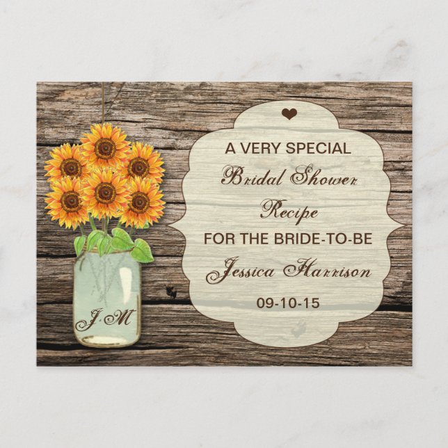 Sunflower Mason Jar Bridal Shower Recipe Cards (Front)