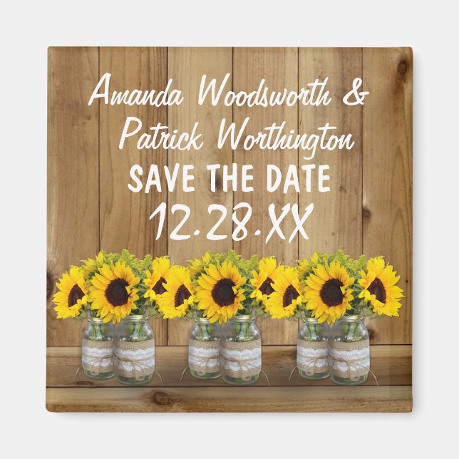 Sunflower Mason Jar Burlap and Lace Save the Date Magnet (Front)