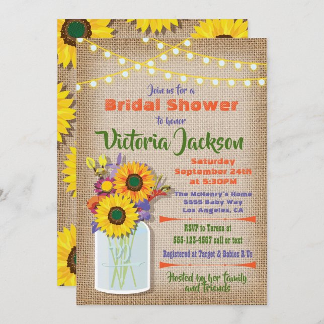 Sunflower Mason Jar Burlap Bridal Shower Invitation (Front/Back)