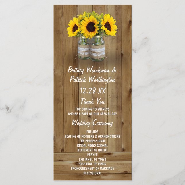 Sunflower Mason Jar Burlap + Lace Wedding Programs (Front)