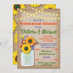 Sunflower Mason Jar Burlap Rehearsal Dinner Invitation