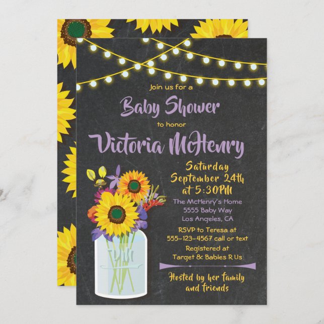 Sunflower Mason Jar Chalkboard Baby Shower Invitation (Front/Back)