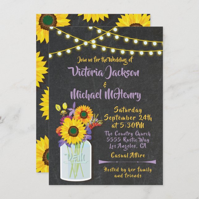 Sunflower Mason Jar Chalkboard Wedding Invitations (Front/Back)