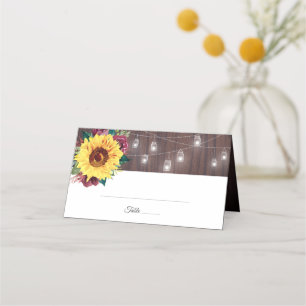 Sunflower Mason Jar Lights Wood Wedding Place Card