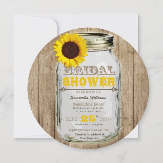 Sunflower Mason Jar Rustic Bridal Shower Round Invitation (Front)