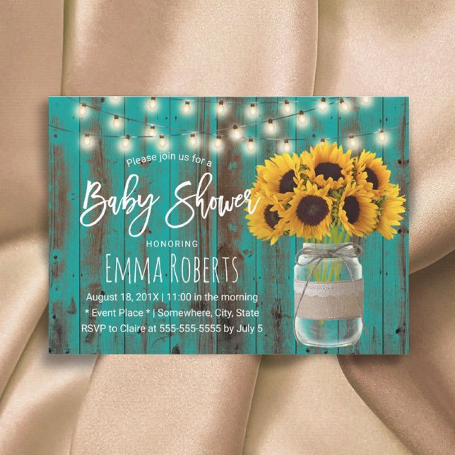 Sunflower Mason Jar Rustic Teal Barn Baby Shower Invitation (Creator Uploaded)