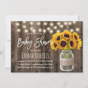 Sunflower Mason Jar Rustic Wood Baby Shower Invitation