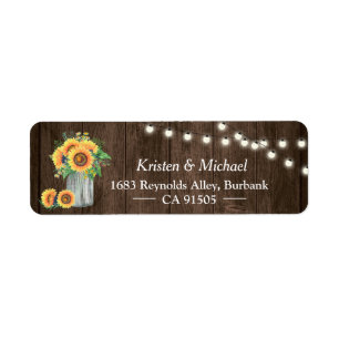 Sunflower Mason Jar String Lights Rustic Wood Return Address Label