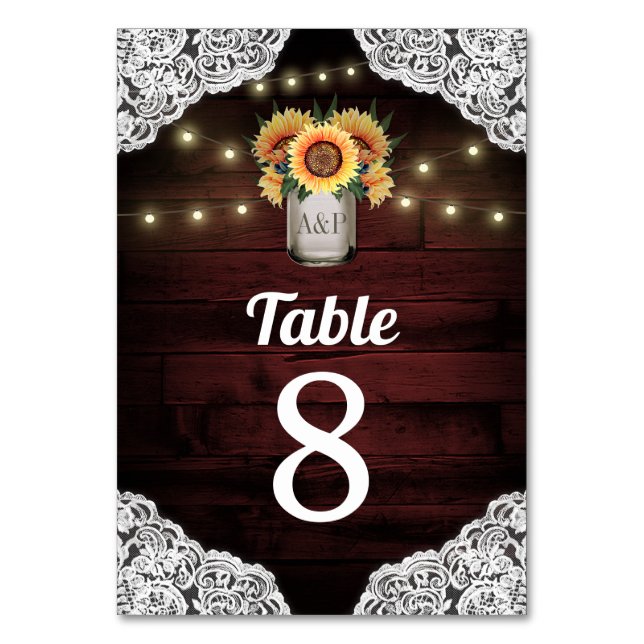 Sunflower Mason Jar Wedding Table Number Cards (Front)
