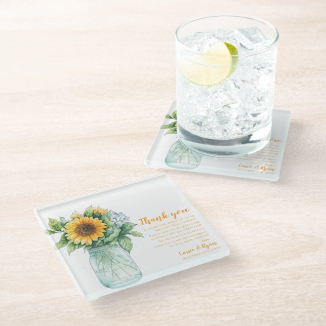 Sunflower Mason Jar Wedding Thank you Message Glass Coaster (Angled)