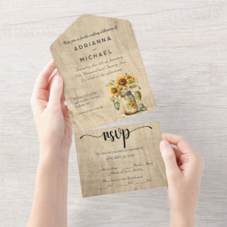 Sunflower Mason Jar Wood All in One Wedding Invite