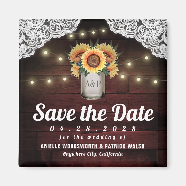 Sunflower Mason Jar Wood Save the Date Magnets (Front)