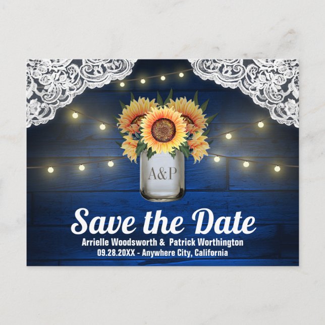 Sunflower Mason Jar Wood Save the Date Postcards (Front)