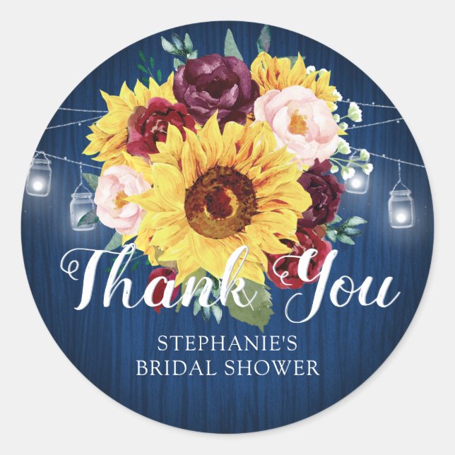 Sunflower Mason Jars Bridal Shower Thank You Classic Round Sticker (Front)