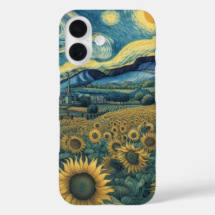 Sunflower Meadow in the Starry Night iPhone 16 Case