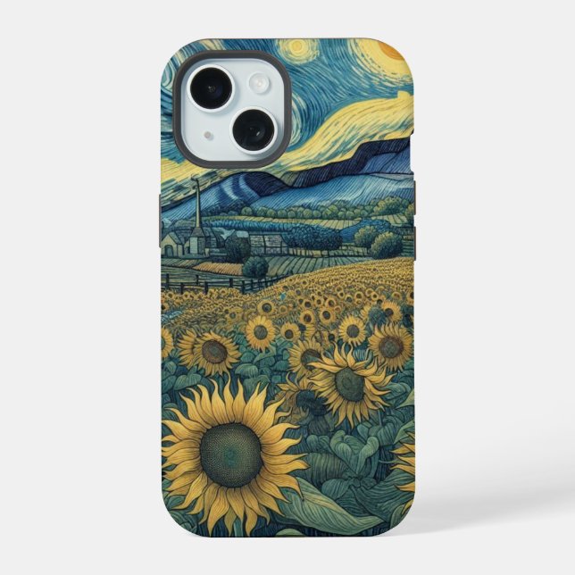 Sunflower Meadow in the Starry Night iPhone 15 Case (Back)