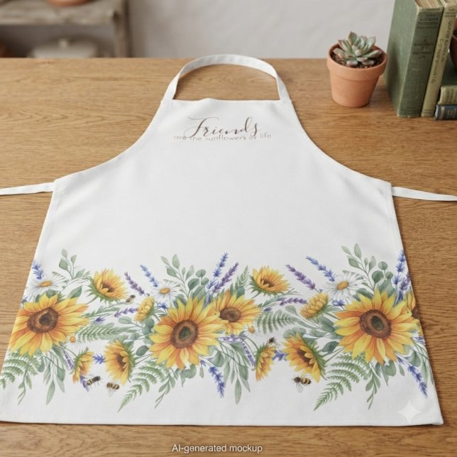 Sunflower Meadow Script Quote Friends Gift Apron (Watercolor sunflower & lavender garden scene for a gardening enthusiast's birthday gift.)