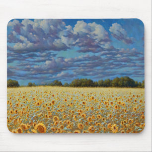 Sunflower Meadow Whimsical Art Cloudy Sky Mouse Pad