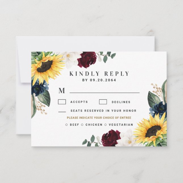 Sunflower Meal Choice Burgundy Navy Roses Wedding RSVP Card (Front)
