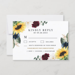 Sunflower Meal Choice Burgundy Navy Roses Wedding RSVP Card