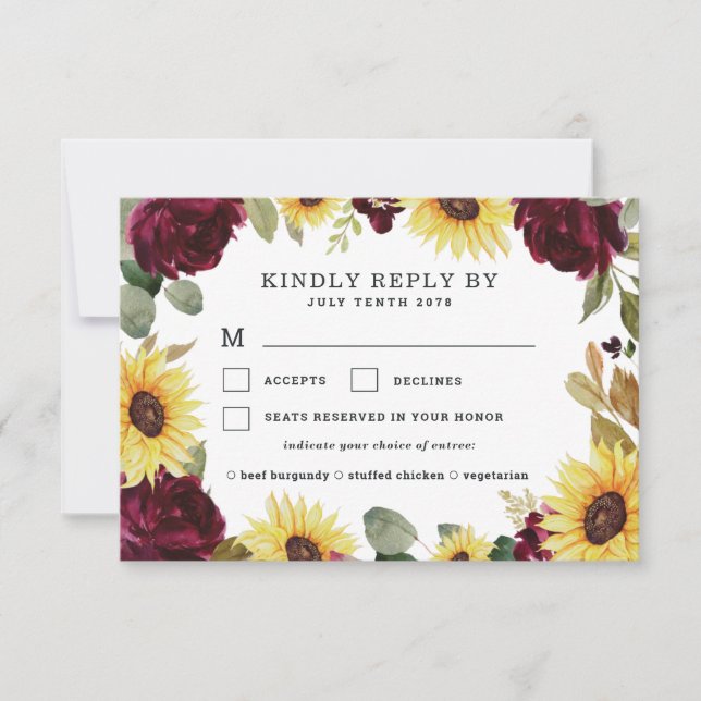 Sunflower Meal Choice Floral Roses Rustic Wedding RSVP Card (Front)