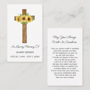 Sunflower Memorial Funeral Prayer Card